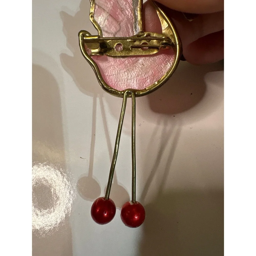 Whimsical Enamel Flamingo Brooch with Dangling Beads Gold Tone‎ Metal